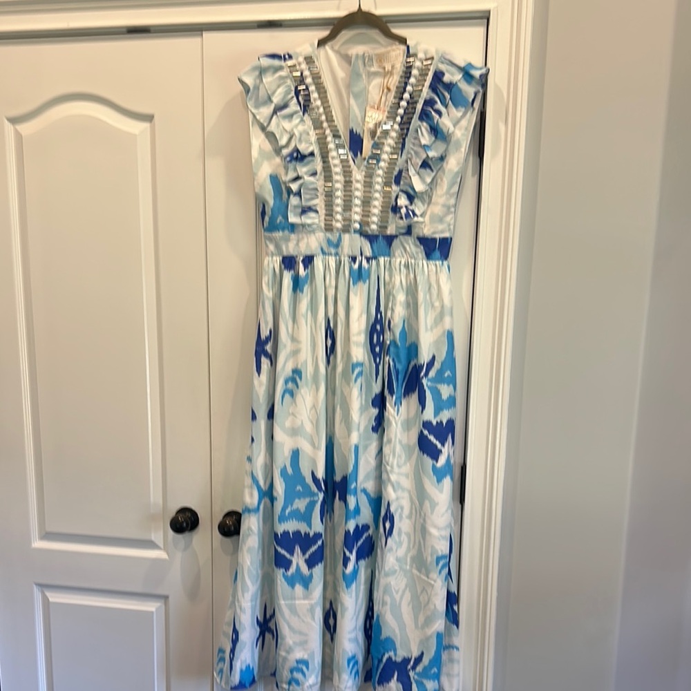NWT Sheridan French Blue and White Maxi Dress with Ruffle Details. Retails $539.